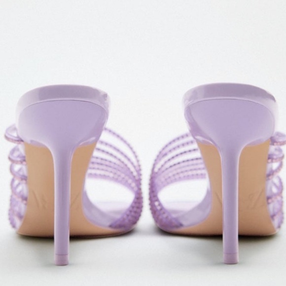 Zara Purple Vinyl Square Toe Rhinestone Mules Slides Heels 37(6.5) - Picture 5 of 7